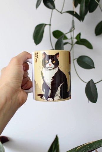 Zdjęcie oferty: Kubek z kotem, Japoński kot czarno-biały, Kotek ukiyo-e, 330ml