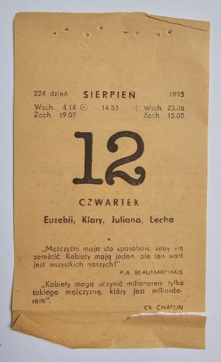 Zdjęcie oferty: Kartka z kalendarza 12.08.1993 Idealne na prezent