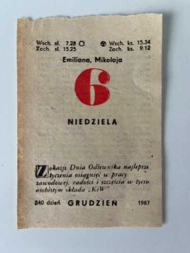 Zdjęcie oferty: 6 grudzień 1987 kartka z kalendarza