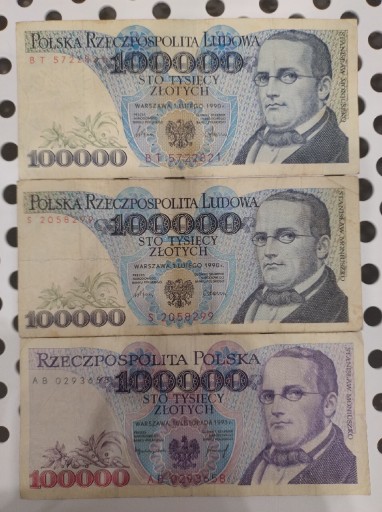 Zdjęcie oferty: Banknoty prl 100000 złotych 3 sztuki serie AB BT S