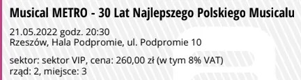 Zdjęcie oferty: 2 Bilety VIP na 30Lat Musicalu METRO Rzeszów 21.05