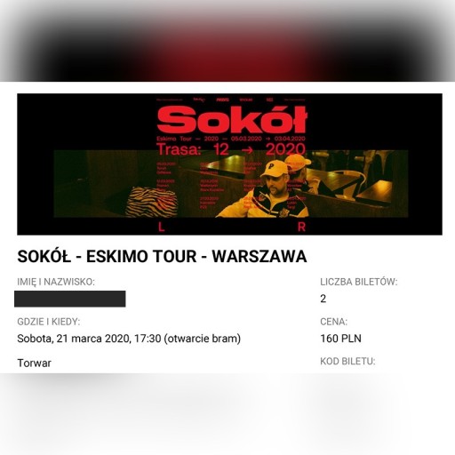 Zdjęcie oferty: 2 bilety na Sokół płyta 21/03 Warszawa