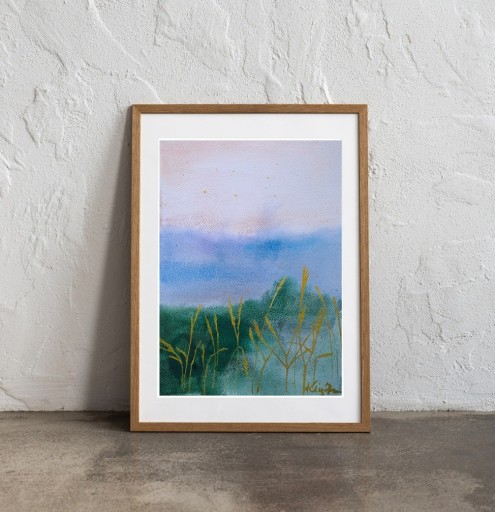 Zdjęcie oferty: Akwarela A4 "Złote trawy na łące", malowane ręcznie, jesienny obraz