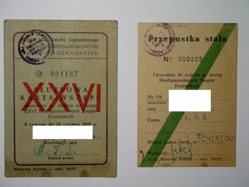 Zdjęcie oferty: Targi Poznańskie 1957 przepustka i karta wstępu