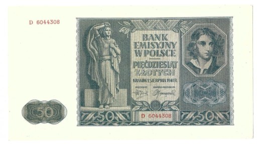 Zdjęcie oferty: Banknot Polska 50 złotych zł 1941 rok D Stan I UNC
