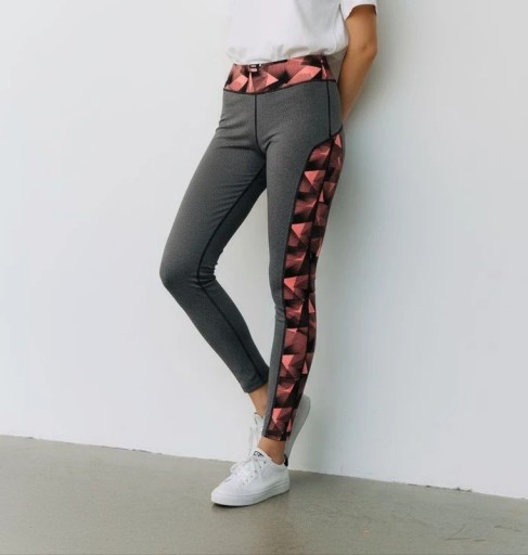 Zdjęcie oferty: Szare legginsy sportowe z geometrycznym wzorem różowe panele fitness joga 