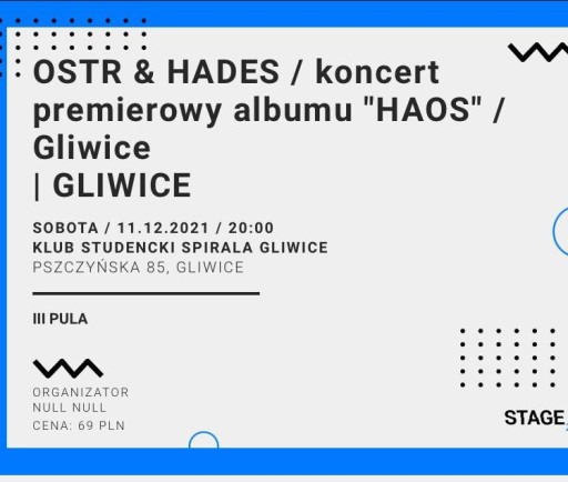 Zdjęcie oferty: Dwa bilety na koncert O.S.T.R. & Hades Gliwice