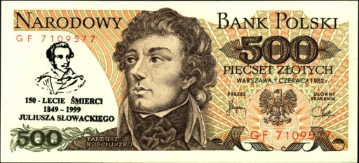Zdjęcie oferty: 500 zł 1982 GF banknot z nadrukiem - J. Słowacki