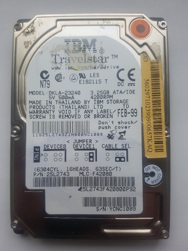 Zdjęcie oferty: Dysk IDE ATA 2,5" IBM-DKLA-23240 3,25 GB Retro