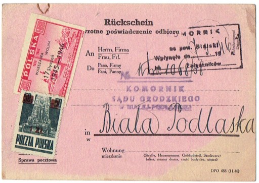 Zdjęcie oferty: Biała Podlaska - stempel prowizoryczny 1946 r. 