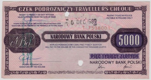 Zdjęcie oferty: NBP czek podróżny 5000 złotych