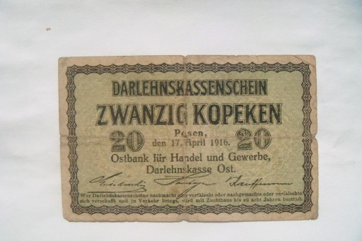 Zdjęcie oferty: Banknot NIEM. Okup. TER. Wsch.20 Kopiejek 1916 r.