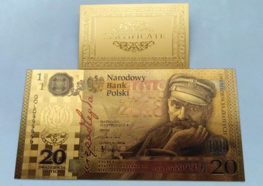 Zdjęcie oferty: Banknot pozłacany 24k GOLD 20 zł. JÓZEF PIŁSUDSKI 