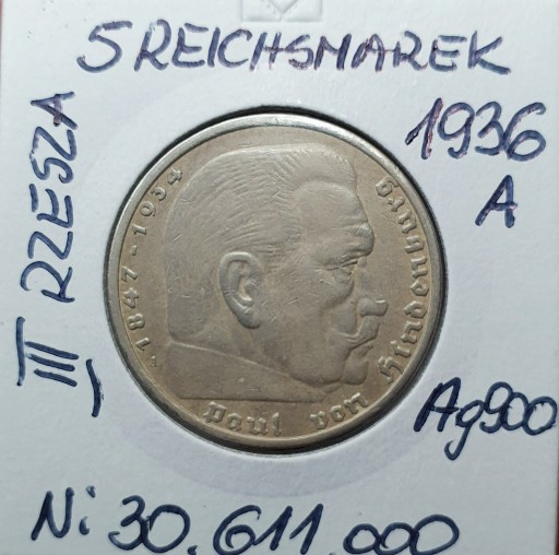 Zdjęcie oferty: 5 reichsmarek 1936 A, III Rzesza Ag900