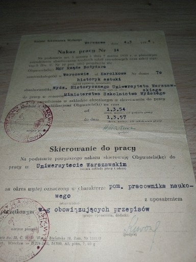 Zdjęcie oferty: Nakaz pracy na Uniwersytecie Warszawa 1954