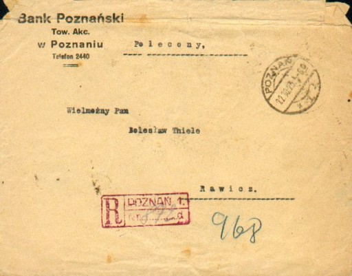 Zdjęcie oferty: 1923 - Poznań - Bank Pozn. polecony, inflacja 