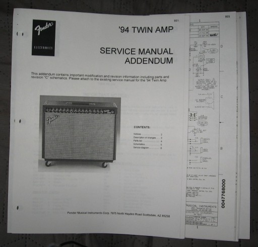 Zdjęcie oferty: Fender '94 Twin Amp Service Manual Addendum - instrukcja serwisowa