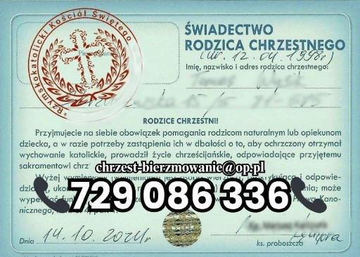 Zdjęcie oferty: Od Ręki - Zaświadczenie dla chrzestnych / Bierzmowanie / Spowiedź