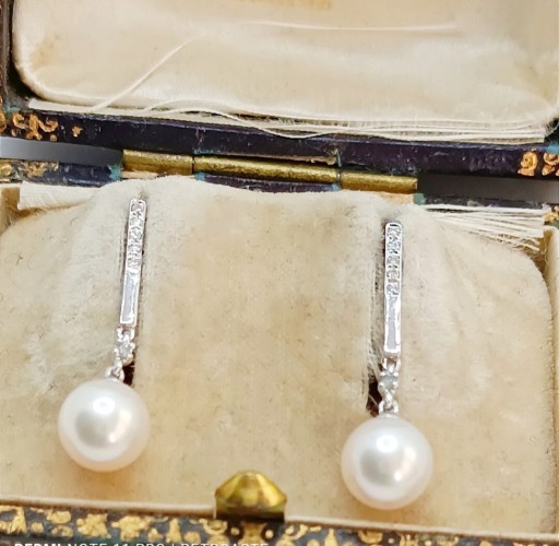 Zdjęcie oferty: Retro kolczyki złoto 14 k brylanty perły 2.5 cm