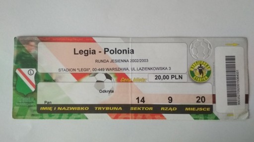 Zdjęcie oferty: Bilet Legia Warszawa - Polonia 2002/2003