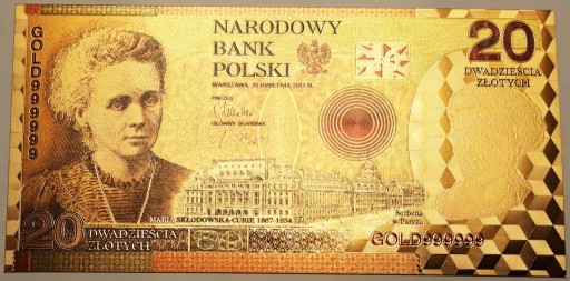 Zdjęcie oferty: Banknot pozłacany 24k,20 zł.,2011,Maria Skłodowska