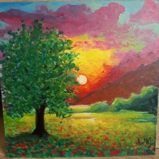 Zdjęcie oferty: A. Maj. OBRAZ MALOWANY 25 x 25 cm Zachód słońca 