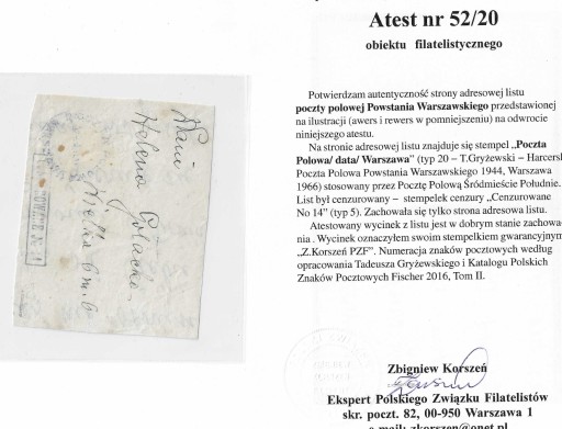 Zdjęcie oferty: Powstanie Warszawskie ATEST wycinek listu