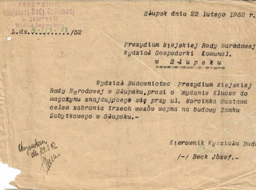 Zdjęcie oferty: Pismo Prez. MRN Słupsk z 1952r dot. klucza i zamku