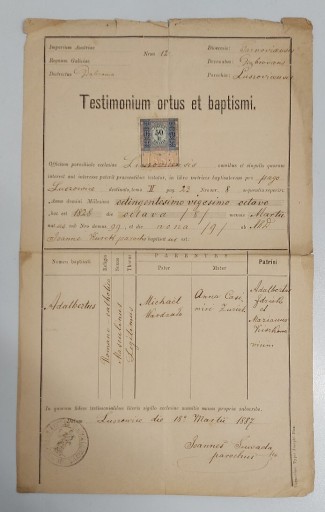 Zdjęcie oferty: Metryka urodzenia i chrztu 1887r ze znakiem opłaty