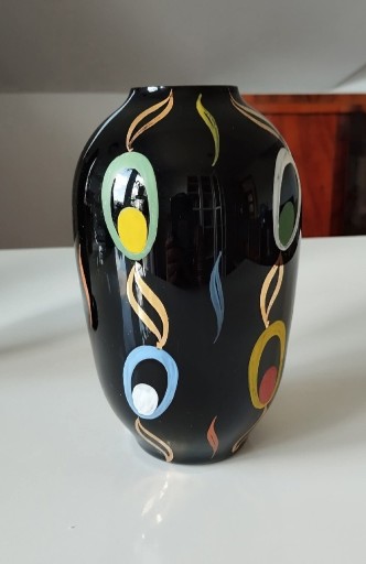 Zdjęcie oferty: Wazon, czarne szkło, ręcznie malowane, VEB KUNSTGLAS ARNSTADT
