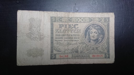 Zdjęcie oferty: Banknot 5 PIĘĆ ZŁOTYCH 1941 AB 2618514