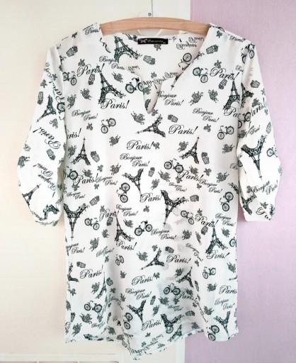 Zdjęcie oferty: Elegancka biała luźna bluzka rękaw 3/4 czarne napisy obrazki dłuższy tył 