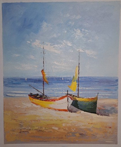 Zdjęcie oferty: Łodzie plaża obraz olejny na płótnie 50cm x 60cm 
