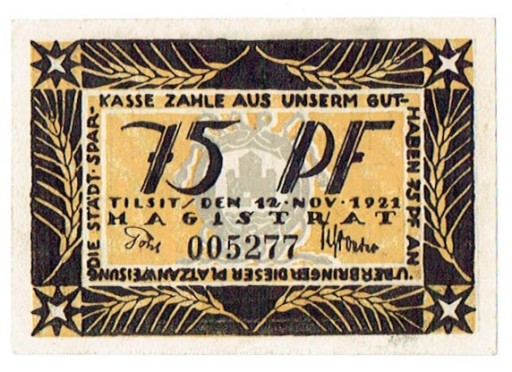 Zdjęcie oferty: Notgeld, 75 Pffening 1921/ Tilsit Lithuania German