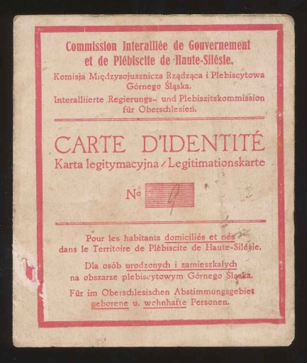 Zdjęcie oferty: 1920 PLEBISCYT GÓRNY ŚLĄSK, KARTA LEGITYMACYJNA.