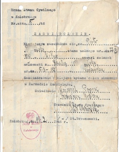 Zdjęcie oferty: USC Kołobrzeg -1946r. Oryginalna pieczęć Miasta