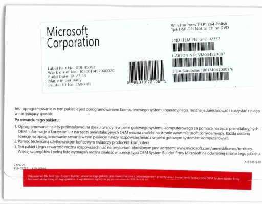 Zdjęcie oferty: Microsoft Windows 7 Home SP1 64bit PL DSP LCP DVD