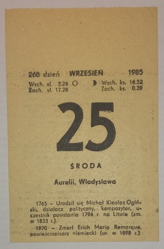 Zdjęcie oferty: kartka z kalendarza, środa 25 września 1985 