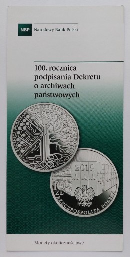 Zdjęcie oferty: Folder 10 zł 2019-100 rocznica Dekretu o archiwach