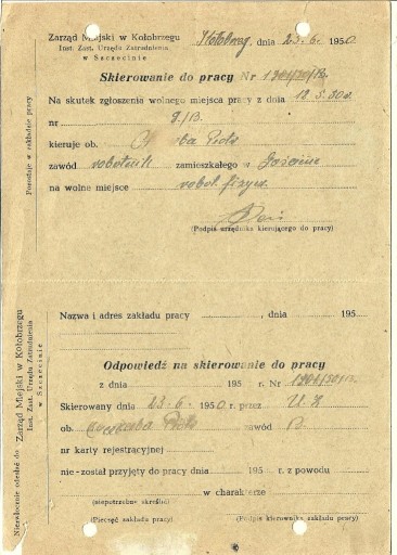 Zdjęcie oferty: Skierowanie do pracy -  ZM Kołobrzeg 1950r.
