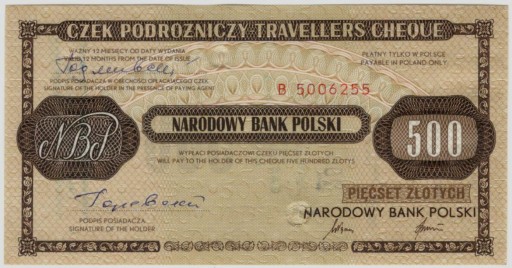 Zdjęcie oferty: NBP czek podróżny 500 złotych