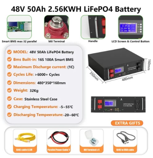 Zdjęcie oferty: 48V 50AH akumulator LiFePO4 51.2V 2.56KWH 