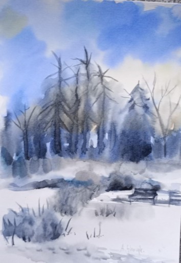 Zdjęcie oferty: Pejzaż zimowy, akwarela, A4, oryginał, nowy, Skoczyk 