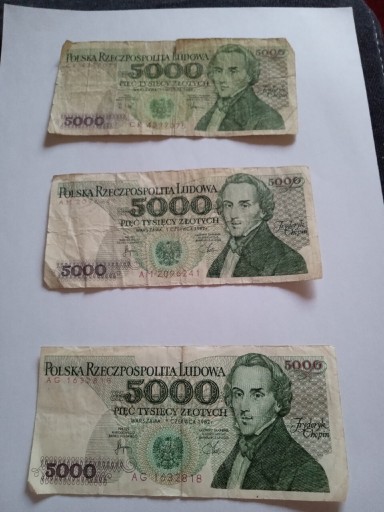 Zdjęcie oferty: 3 Banknoty PRL 5000 zł CR z 1988 AM AG z 1982