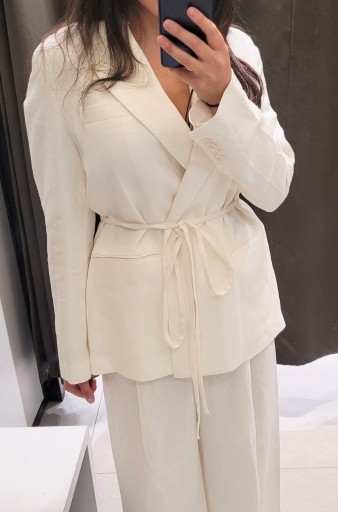 Zdjęcie oferty: biały garnitur Zara marynarka z paskiem spodnie  S 36  len wiskoza