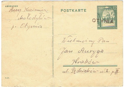 Zdjęcie oferty: GG - Karta poczt. z pośred. Otynia distr. Galizien