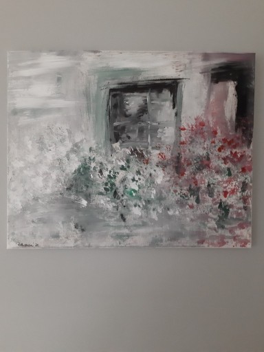 Zdjęcie oferty:  Obraz ręcznie malowany akrylami, dom kwiaty okno