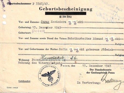 Zdjęcie oferty: Metryka urodzenia - okupacja niemiecka 1943 rok