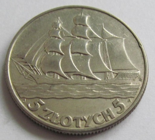 Zdjęcie oferty: 5 złotych Żaglowiec 1936 r. (1) Ag oryginał