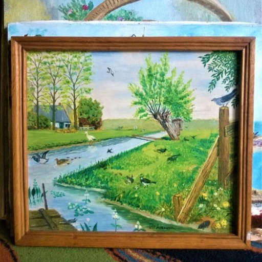 Zdjęcie oferty: pejzaż olejny, wiejski obrazek 32 x 35 cm w ramie